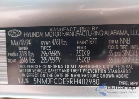 2024 Hyundai Tucson Sel z USA, uszkodzony, nr VIN 5NMJFCDE9RH402980